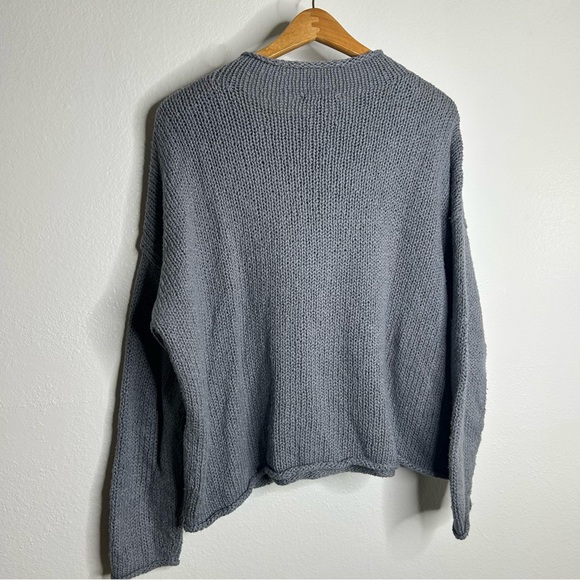 Eileen Fisher 100% Organic Cotton Thick Textured Knit Mock Neck Blue Sweater - Picture 9 of 16